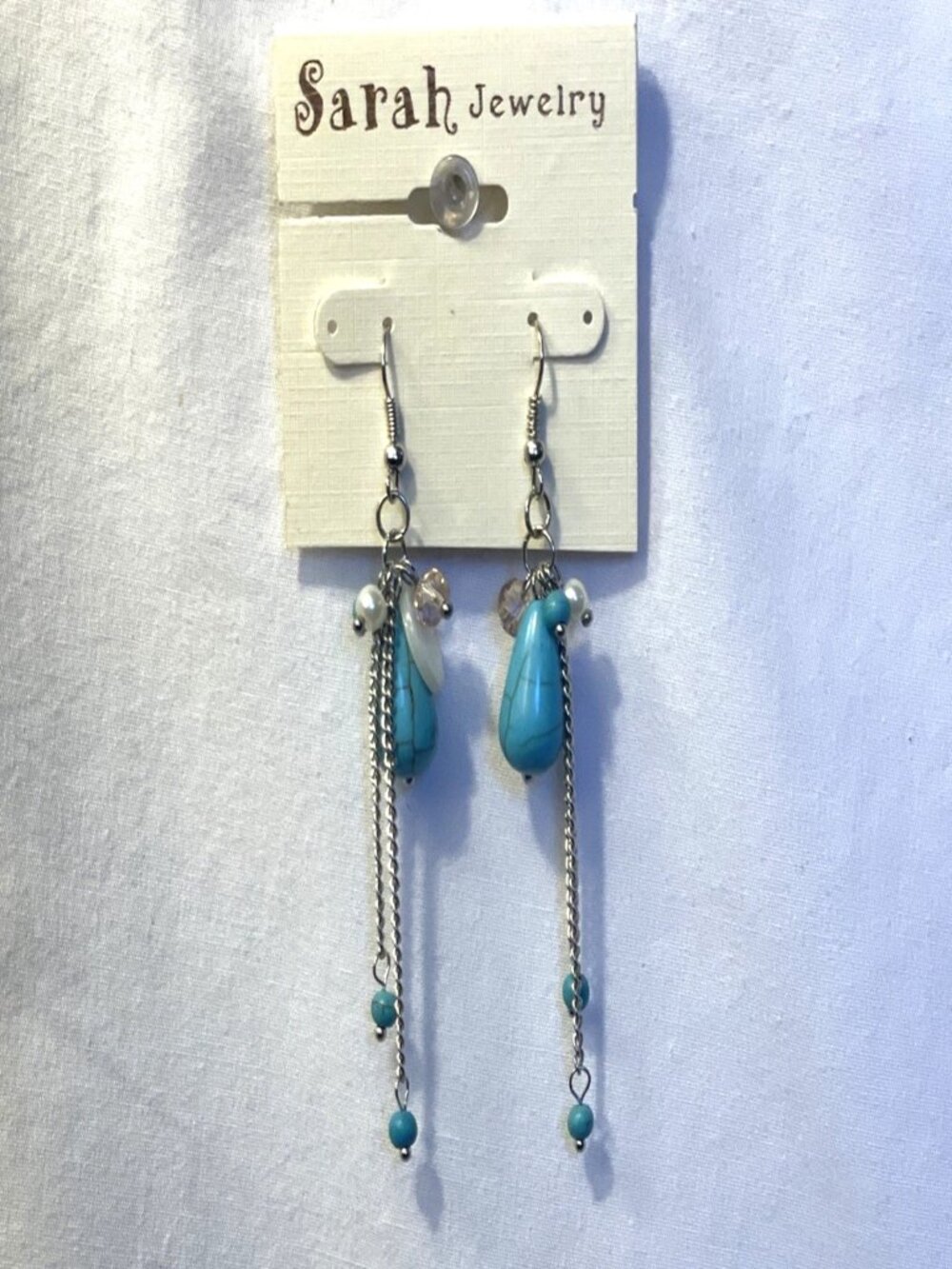 Faux Turquoise Teardrop Dangle Earrings Multicolor Bead Accent Silver Chain Pink